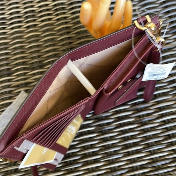 Michael Kors Jet Set Travel Large Double Zip Wristlet Wallet Dark Cherry Leather - Picture 12 of 16